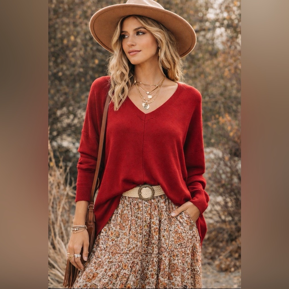Zenana Outfitters Cabernet Red V-Neck Front Seam Hi-Low Sweater~Size Medium~NWOT
